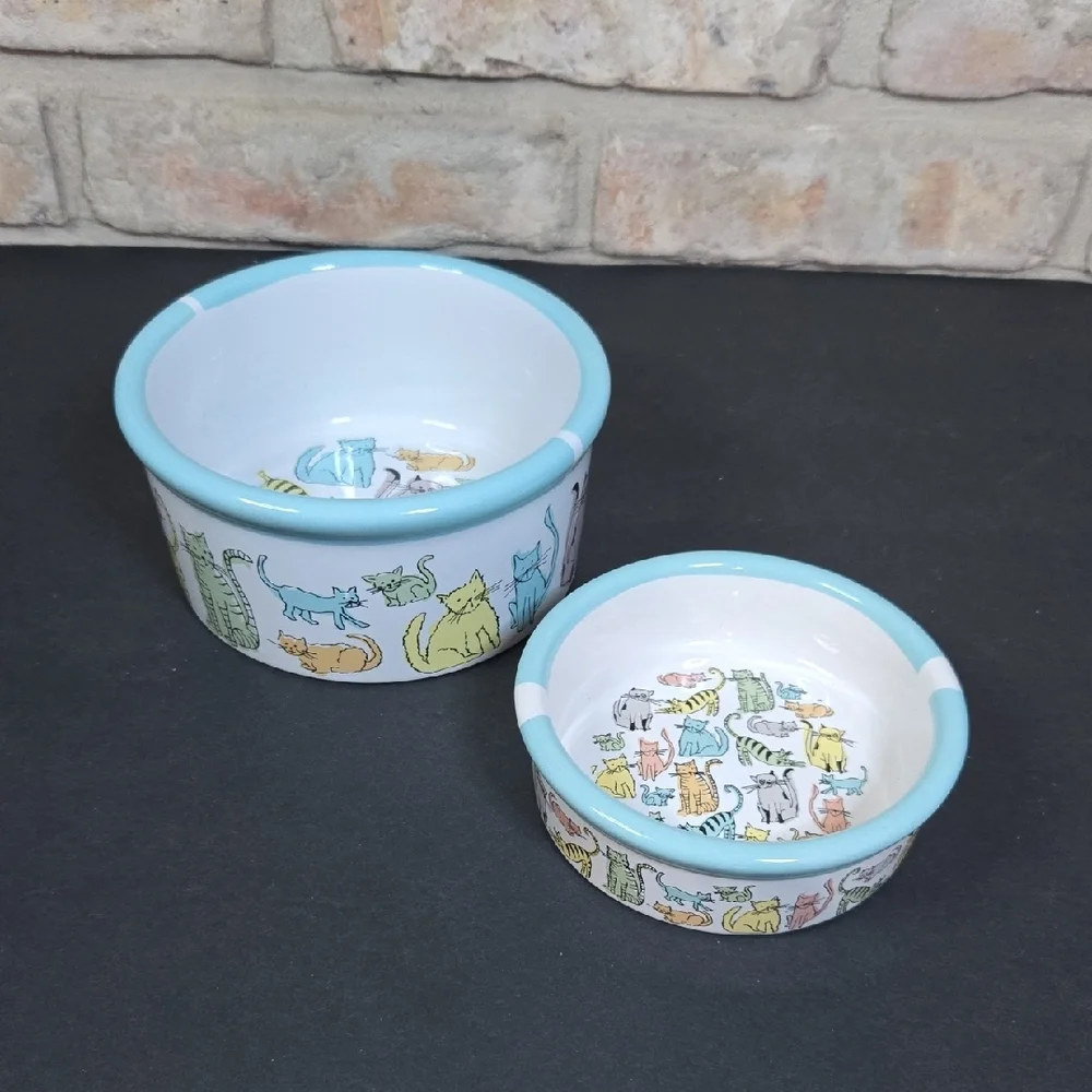 Stoneware Ceramic Cat Print Water and Food Bowl Dishes - NEW